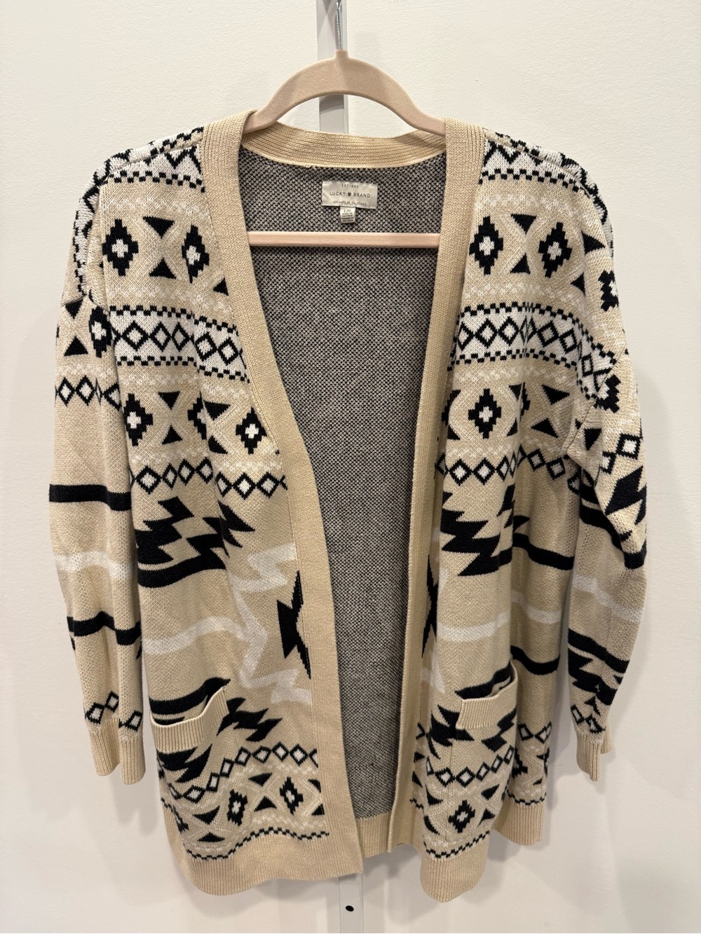 Lucky Brand Beige Black Aztec-Pattern Open Cardigan Women Size L Boho
